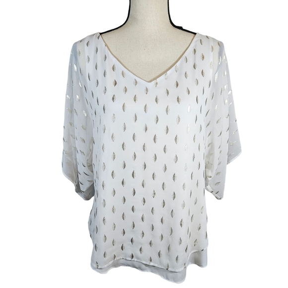 White House Black Market Tops - White House Black Market Foil Print , Butterfly Sleeve Blouse, White/Silver,XS